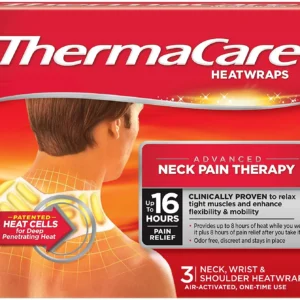 Discreet ThermaCare heat wraps for neck, shoulder, and wrist provide targeted heat relief that can be worn comfortably under clothing.