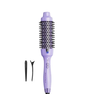 Lavender purple thermal brush creating a voluminous blowout, offering salon-quality results and frizz reduction for shiny, smooth hair in minutes.