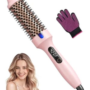 Pink 1.5 inch thermal brush for creating curls, waves, or straight styles at home or while traveling.