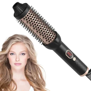 This thermal brush curling iron features anti-scald bristles, a digital display with 10 temperature settings, and a 360° rotating cord for safe and easy hair styling.