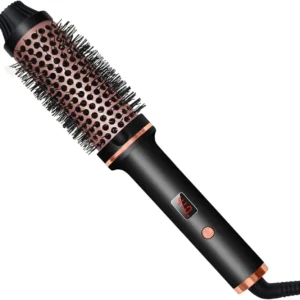 The thermal brush is a 1.5 inch curling iron featuring a heated round ceramic tourmaline ionic comb with dual voltage, an LCD display, and ten temperature settings for styling hair.