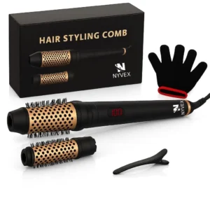 The Nyvex thermal brush with two interchangeable curling heads provides versatile styling options for defined curls or soft waves with fast heating and precise temperature control displayed on the LCD screen.