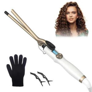 The 9mm thin curling iron creates tight, defined afro curls, featuring an LCD display and adjustable heat settings from 110-210°C for all hair types.