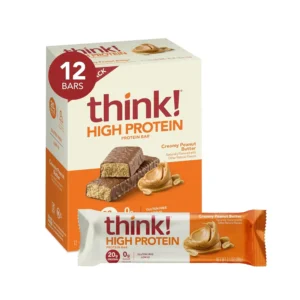 Twelve think! Creamy Peanut Butter protein bars, a high-protein, sugar-free snack perfect for muscle recovery and a boost of energy, are displayed.