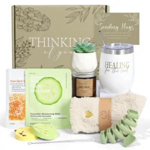 This thinking of you care package for women includes an insulated tumbler, scented candle, succulent, fuzzy socks, face masks, and bath bombs for a relaxing spa day at home.