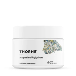 Powdered Thorne Magnesium Bisglycinate supplement supporting restful sleep, muscle relaxation, heart health, and metabolism, NSF Certified for Sport.
