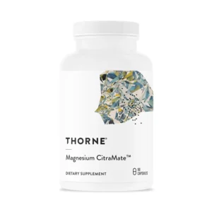 Bottle of THORNE Magnesium CitraMate capsules supporting heart, skeletal muscles, cardiac function, lung function, and bone density, formulated with citrate-malate for optimal wellness and kidney support.