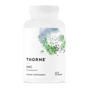 Thorne NAC N-Acetylcysteine 500mg capsules supporting respiratory health, immune function, and liver and kidney detox.