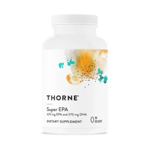 Thorne Super EPA omega-3 supplement containing EPA and DHA supports brain health, cardiovascular function, healthy joints, and radiant skin, in gluten, dairy, and soy-free gelcaps.