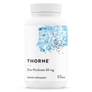 A bottle of Thorne Zinc Picolinate 30mg supplement promoting immune function, healthy skin, and optimal zinc absorption.