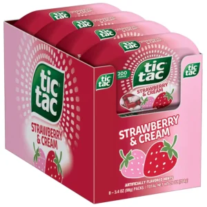 Eight packs of Tic Tac Strawberry & Cream flavored mints, perfect for on-the-go refreshment and sharing.