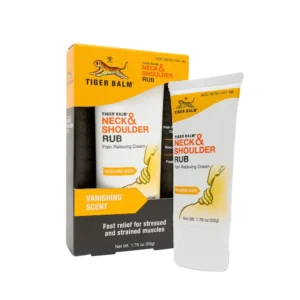 This image shows two packs of Tiger Balm Neck & Shoulder Rub, a topical analgesic cream formulated with camphor and menthol for temporary relief of minor aches and discomfort in neck and shoulder muscles and joints.