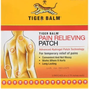 Five Tiger Balm pain relieving patches in a package, each measuring 4x2.75 inches for non-staining pain relief.