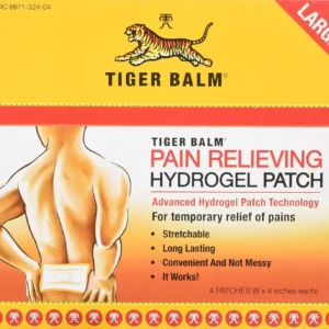 A package of four large Tiger Balm pain relieving patches for health and personal care.