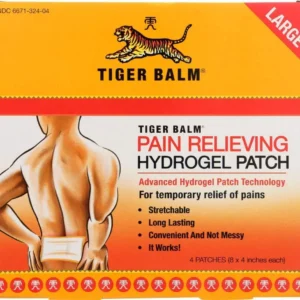 Close-up of a large Tiger Balm pain relief patch containing camphor, menthol and capsicum extract, ready to apply for mess-free, comfortable pain relief.