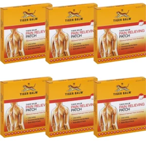 This image shows a pack of six Tiger Balm pain relieving patches, hygienically packaged and formulated with care, offering a host of goodness for targeted pain relief.