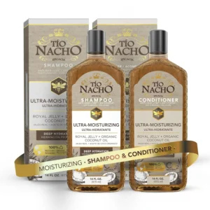 Tio Nacho coconut oil shampoo and conditioner set with royal jelly deeply hydrates dry hair, reduces breakage and split ends, and promotes healthier, smoother, and more vibrant hair.