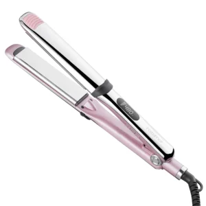 This titanium flat iron hair straightener and curler features 1 1/4 inch floating plates with 10 adjustable temperature settings up to 480 degrees Fahrenheit, negative ion technology, and dual voltage for fast heating and versatile styling.