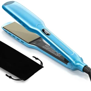Blue Wavytalk 1.7 inch titanium flat iron for straightening thick, curly hair with adjustable temperature and dual voltage.