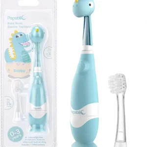 This adorable dinosaur-themed toddler electric toothbrush with LED light and timer makes brushing fun for kids aged 1-3, promoting good oral hygiene habits.