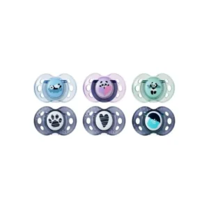 Two Tommee Tippee Anytime pacifiers, sized for babies 6-18 months, featuring an orthodontic, reversible teat designed for natural oral development and a familiar bottle-like feel.