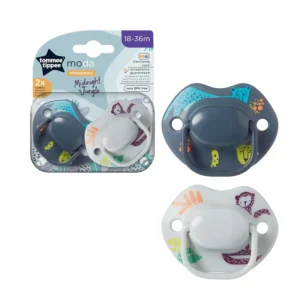 This image shows a pack of two Tommee Tippee Moda soothers for babies aged 18-36 months, featuring a symmetrical orthodontic design, BPA-free silicone teat, and a curved shield for skin comfort.