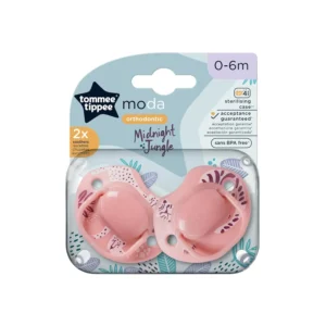 Tommee Tippee Moda pink soothers for newborns 0-6 months with a symmetrical orthodontic design, BPA-free silicone teat, and steriliser box included.