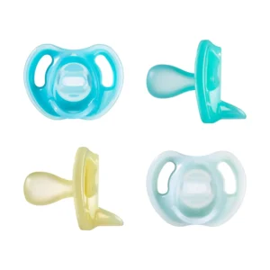 Four Tommee Tippee ultra-light silicone pacifiers for babies aged 6-18 months featuring a symmetrical orthodontic design and air holes to help skin breathe.