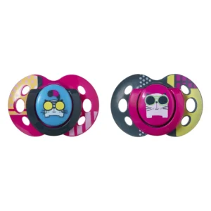 This two-pack of Tommee Tippee Fun Style soothers, sized for babies 18-36 months, features a symmetrical orthodontic design, BPA-free silicone baglet, and includes a steriliser box for hygiene.