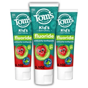 Three tubes of Tom's of Maine Silly Strawberry flavored fluoride toothpaste for kids, offering natural cavity protection and gentle cleaning.