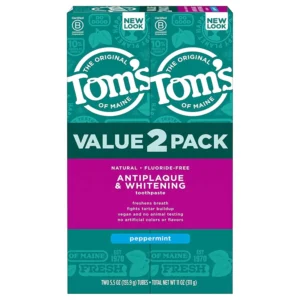 Two tubes of Tom's of Maine Peppermint Fluoride-Free Antiplaque & Whitening Toothpaste for a naturally brighter smile.