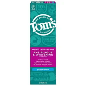 Tom's of Maine fluoride-free whitening toothpaste with peppermint flavor helps remove surface stains for a brighter smile, made with naturally-derived ingredients and never tested on animals.