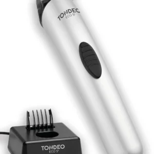 Silver Tondeo Eco S Plus hair clipper with charging station, a powerful, professional, and rechargeable trimmer requiring 6 to 8 hours for a full charge.