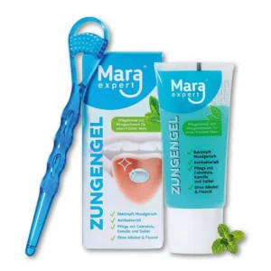 Stainless steel tongue scraper and medical tongue gel promote oral hygiene by removing bacteria, fighting bad breath, and enhancing taste sensation.