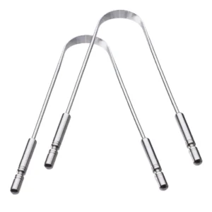 Two stainless steel tongue cleaners designed for adults, featuring comfortable handles and a flexible, non-gagging shape for effective bacteria removal and fresh breath.