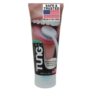 This is a tube of Tung Gel, a specially formulated mint flavored tongue cleaner designed for use with a tongue brush to remove odor-causing bacteria and freshen breath.