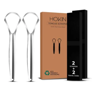 This stainless steel tongue scraper by HOKIN effectively removes bacteria and debris, promoting fresher breath and improved oral hygiene for adults.