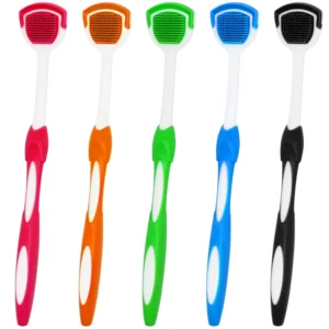 This 5-pack of tongue scraper brushes effectively cleans your tongue to fight bad breath and improve overall oral hygiene.