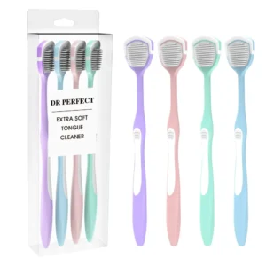 This 4-pack of soft silicone tongue scraper brushes in green, purple, blue, and pink helps fight bad breath by gently cleaning your tongue.
