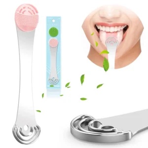 This pink and green tongue scraper cleaner helps reduce bad breath by removing white tongue buildup and is made from 100% BPA-free, healthy material.
