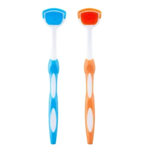 This image shows a pack of two tongue scraper cleaner brushes in blue and orange, designed with micro bristles and a built-in scraper to effectively reduce bad breath by removing residue and debris from the tongue surface.