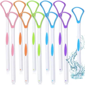 This 10 pack of plastic tongue scrapers in assorted colors are individually wrapped for easy and hygienic oral care cleaning for adults and kids.