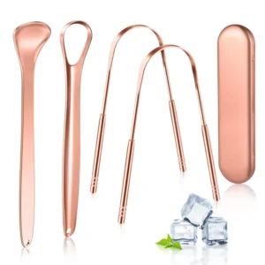 This four-piece stainless steel tongue scraper set includes U-shaped, hollow, and spoon scrapers for adults and kids, improving oral hygiene and reducing bad breath.