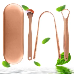 This stainless steel tongue scraper set includes three different shapes of tongue cleaners designed to reduce bad breath and improve oral health for adults and kids over 8, with a convenient storage case for travel.