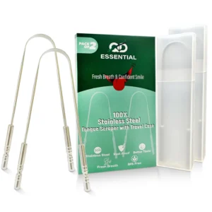 This two-pack of stainless steel tongue scrapers with travel cases helps you fight bad breath and improve oral hygiene by removing plaque and bacteria from your tongue.