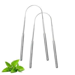 This image shows a two-pack of silver stainless steel tongue scrapers designed for adults and kids to effectively reduce bad breath and improve oral hygiene.