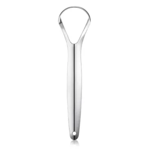 This stainless steel tongue scraper with a big size head helps remove bacteria causing bad breath and restore taste.
