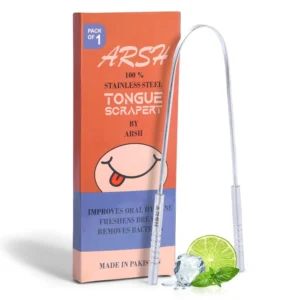A stainless steel tongue scraper for adults helps to reduce bad breath and improve oral hygiene by removing bacteria and debris from the tongue.