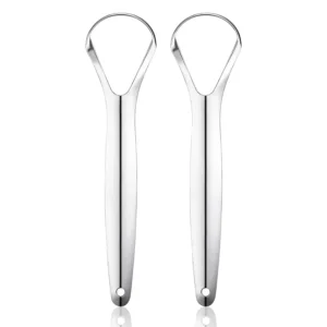 Two stainless steel tongue scrapers with spoon-shaped design effectively clean the tongue, reduce bad breath, and improve oral health for adults and kids.