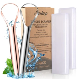 This is a silver and gold stainless steel tongue scraper set for adults and kids.